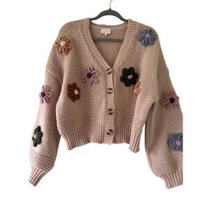 Chunky Knit Floral Cardigan Sweater By Entro Flower Pattern Crochet Button-Up